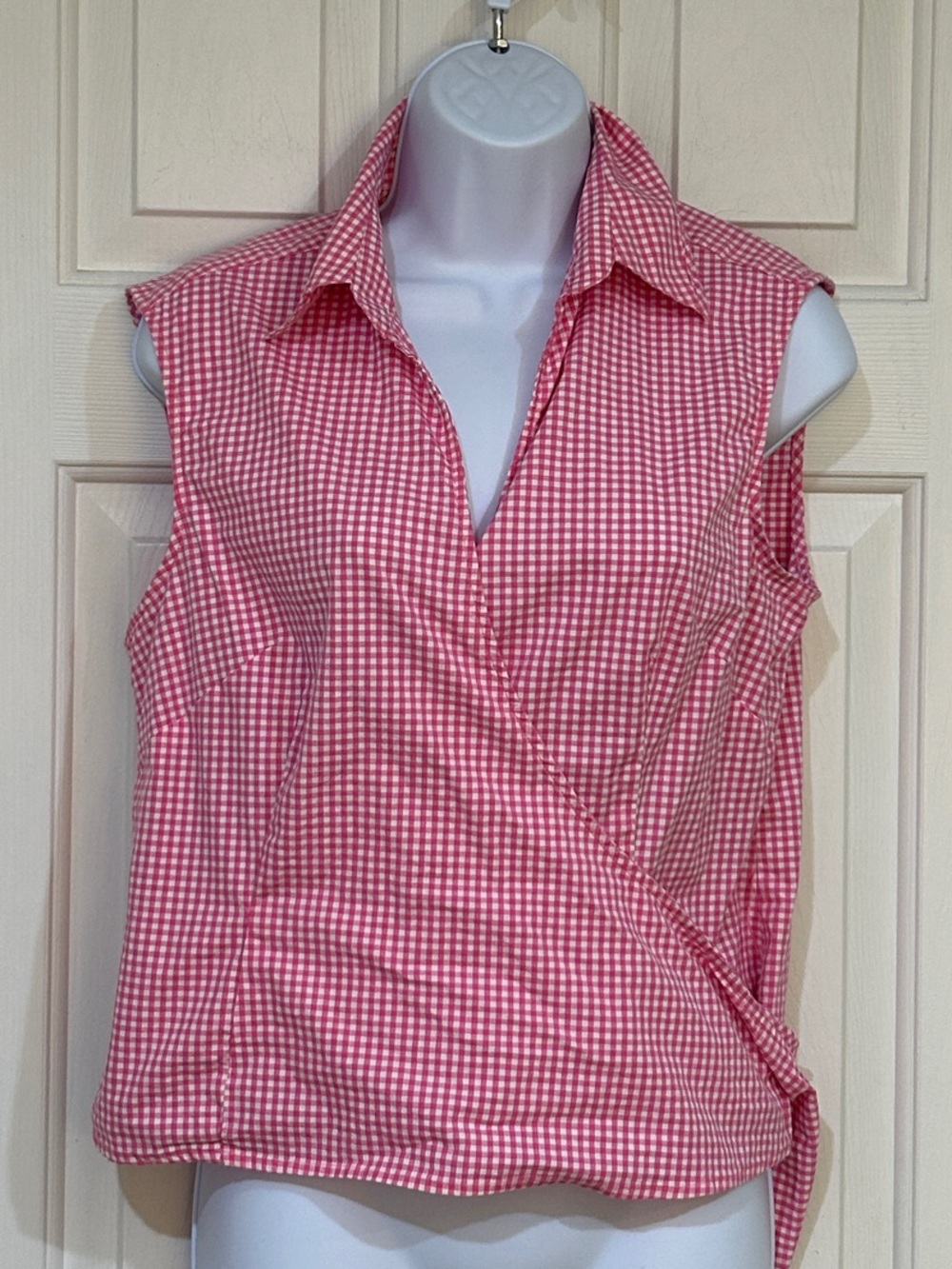 Harve Benard Pink Gingham Wrap Sleeveless Cotton Blend Blouse - Picture 2 of 7